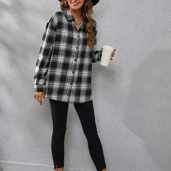 Black and White Casual Womens Plaid Print Drop Shoulder Shirt - Picture 5 of 5